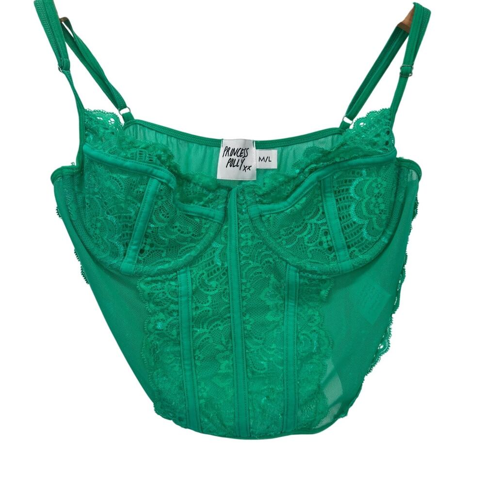 Princess Polly Corset Top Womens M/L Green Sheer Back Wired Cups Boning Slim Fit